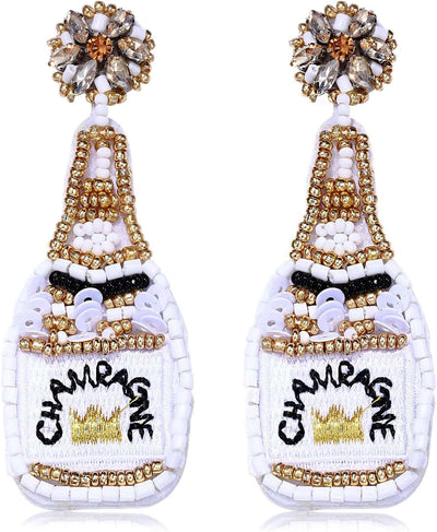 Beaded Champagne Bottle Earrings for Women Handmade Bead Champagne Drop Dangle Earring Statement Earring Studs for Birthday Holiday Parties Gifts